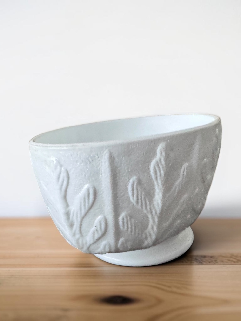 Mid-Century Modern White Ceramic Bowl with Leaf Relief Pattern